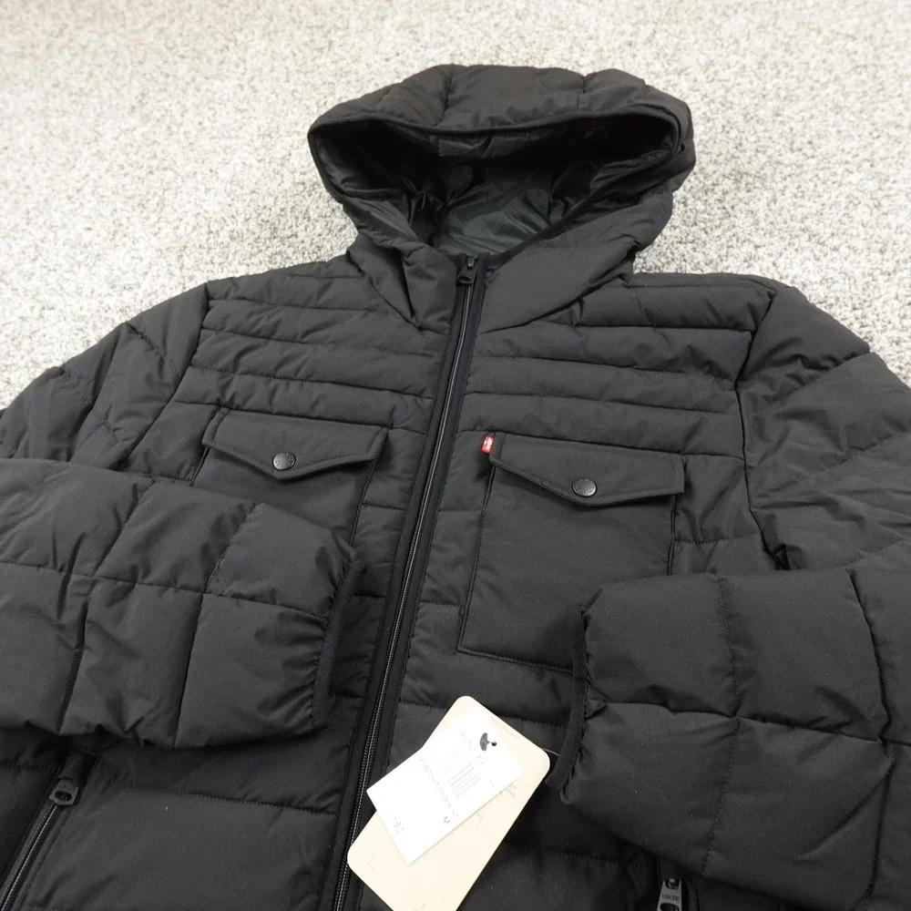 NEW Levis Jacket Mens M Black Insulated Hooded Full Zip Puffer Coat Quilted Work